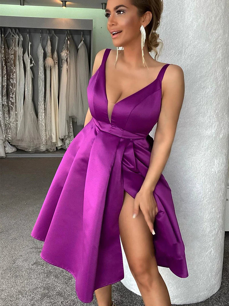 V Neck Purple Short Prom Homecoming Dresses with High Slit, Short Purp Shiny Party V Neck Purple Short Prom Homecoming Dresses with High Slit, Short Purp Shiny Party