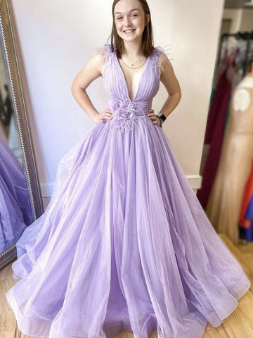 V Neck Purple Tulle Long Prom Dresses, Long Purple Formal Evening Dresses