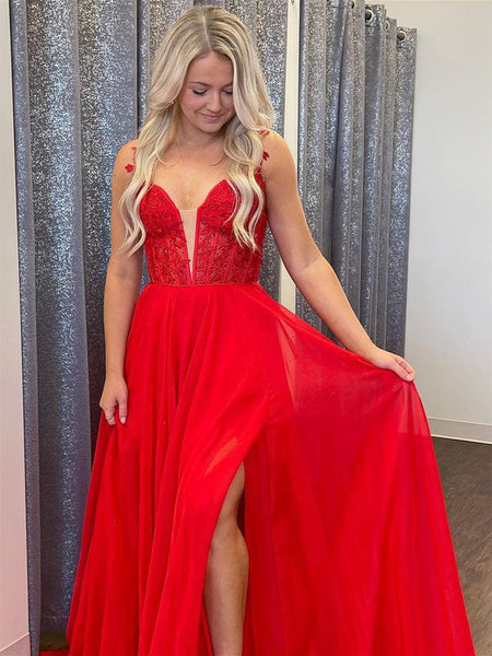 V Neck Red Lace Long Prom Dresses with High Slit, Red Lace Formal Graduation Evening Dresses SP2238