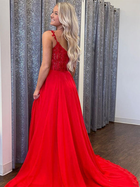 V Neck Red Lace Long Prom Dresses with High Slit, Red Lace Formal Graduation Evening Dresses SP2238