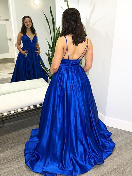 V Neck Royal Blue Satin Long Prom Dresses with Pocket, Royal Blue Formal Evening Dresses