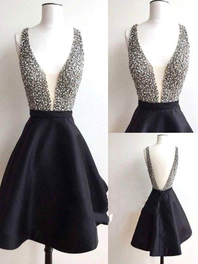 V Neck Short Black Prom Dresses with Beaded Bodice, Short Black Homeco
