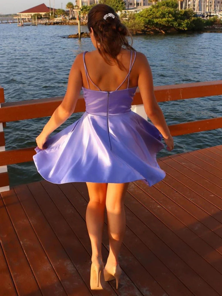 short purple prom dresses V Neck Short Purple Prom Dresses with Pocket, Lilac Homecoming Dresses – Shiny Party