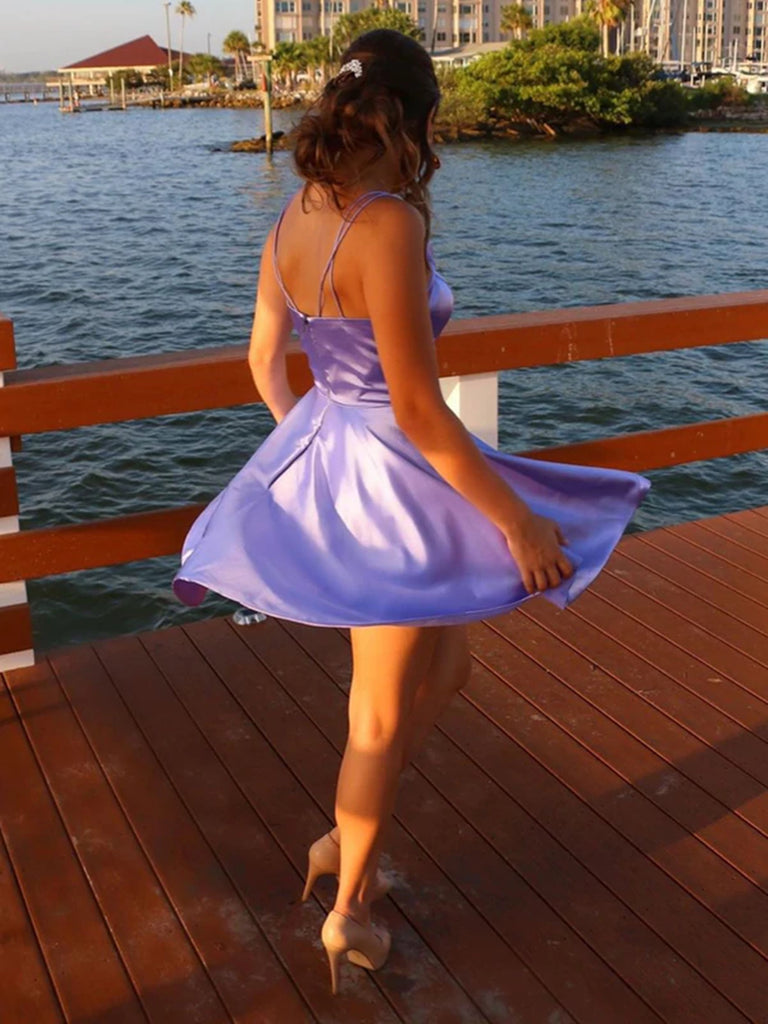 V Neck Short Purple Prom Dresses with Pocket, Lilac Homecoming Dresses Shiny Party V Neck Short Purple Prom Dresses with Pocket, Lilac Homecoming Dresses Shiny Party