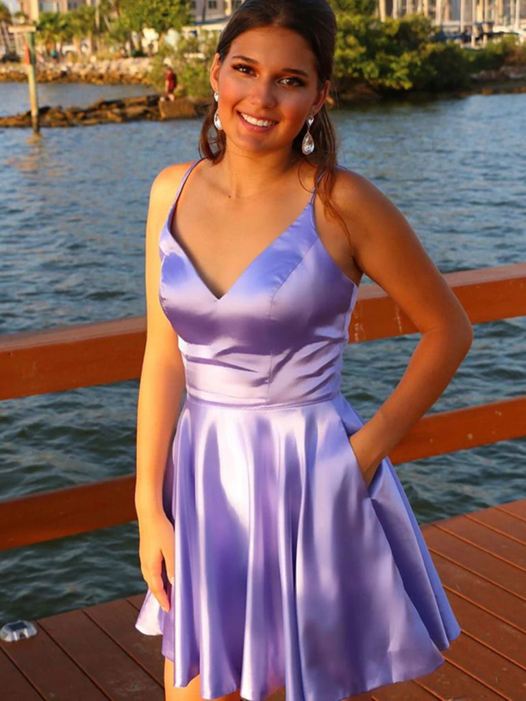 V Neck Short Purple Prom Dresses with Pocket, Lilac Homecoming Dresses – Shiny Party V Neck Short Purple Prom Dresses with Pocket, Lilac Homecoming Dresses – Shiny Party