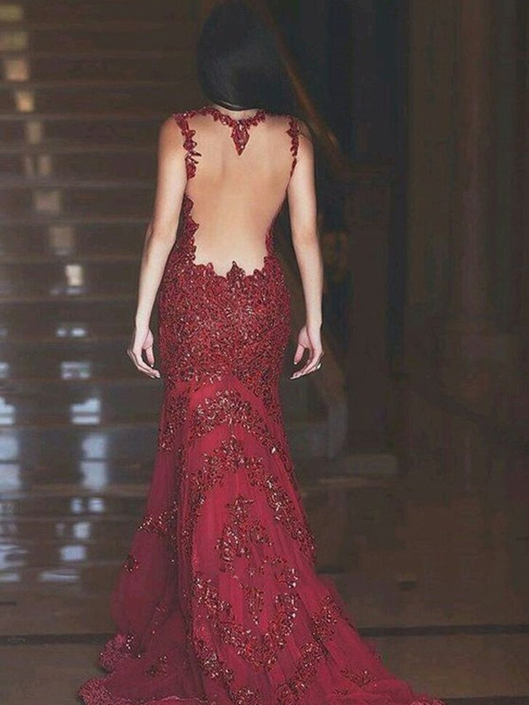 V Neck Sleeveless Mermaid Lace Red Prom Dress With Train, Red Mermaid Shiny Party V Neck Sleeveless Mermaid Lace Red Prom Dress With Train, Red Mermaid Shiny Party