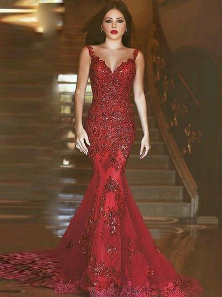 V Neck Sleeveless Mermaid Lace Red Prom Dress With Train, Red Mermaid Formal Dress