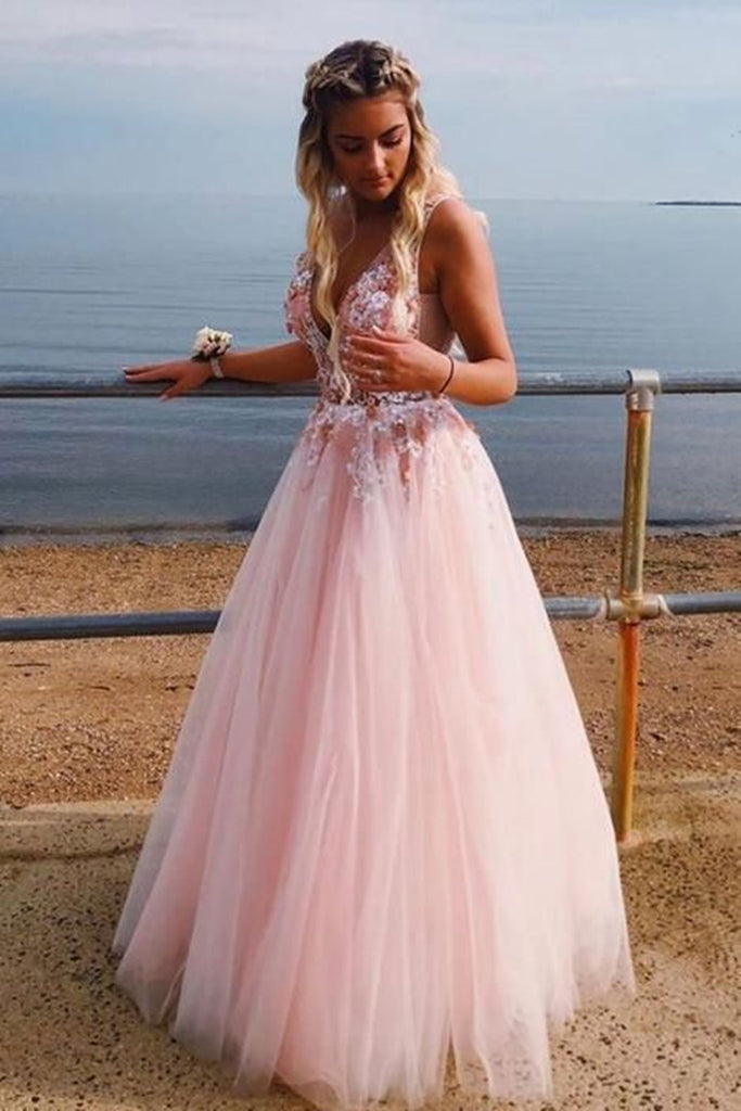 V Neck Tulle Lace Applique Light Pink Long Prom Dresses, Light Pink Fo Shiny Party V Neck Tulle Lace Applique Light Pink Long Prom Dresses, Light Pink Fo Shiny Party