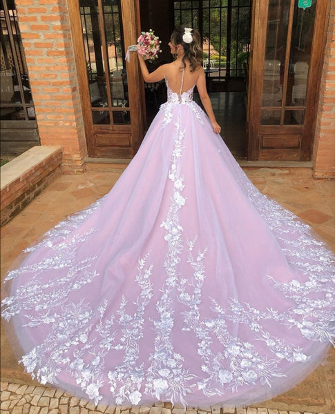 V Neck White Lace Long Prom Dresses, Long White Lace Formal Evening Dresses, Lace Ball Gown