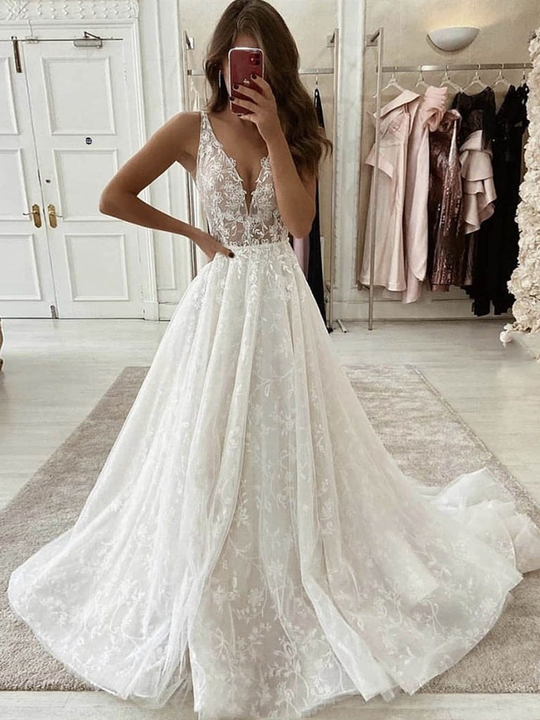 V Neck White Lace Long Wedding Dresses, Long White Lace Prom Dresses