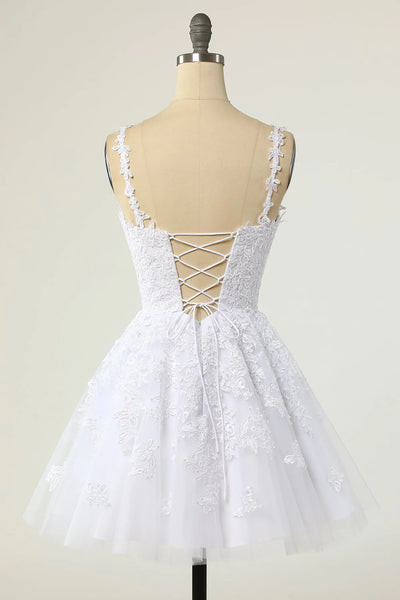 V Neck White Lace Tulle Short Prom Homecoming Dresses, White Lace Formal Graduation Evening Dresses SP2443