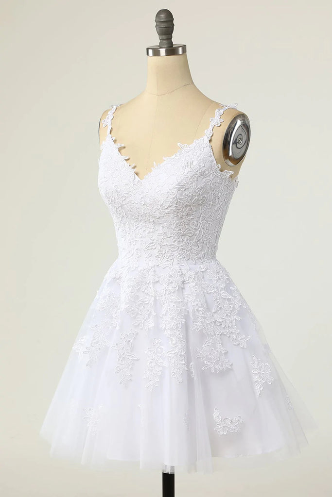 V Neck White Lace Tulle Short Prom Homecoming Dresses, White Lace Form Shiny Party V Neck White Lace Tulle Short Prom Homecoming Dresses, White Lace Form Shiny Party