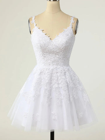 V Neck White Lace Tulle Short Prom Homecoming Dresses, White Lace Formal Graduation Evening Dresses SP2443