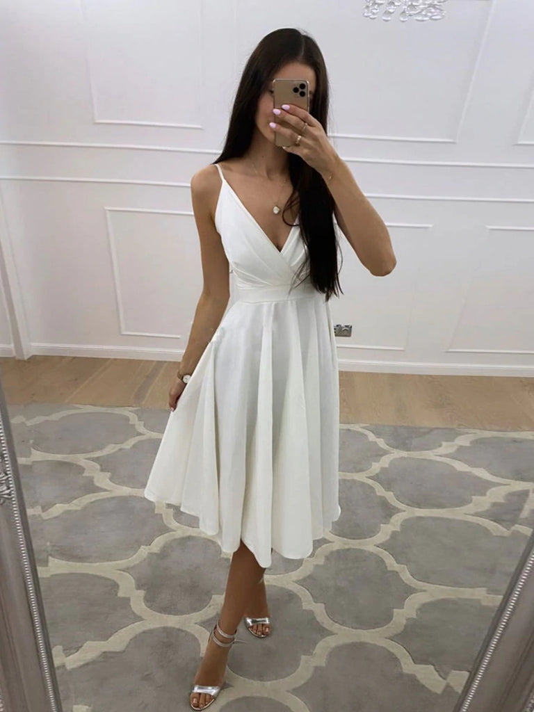 V Neck White Short Prom Homecoming Dresses, V Neck Ivory Formal Gradua Shiny Party V Neck White Short Prom Homecoming Dresses, V Neck Ivory Formal Gradua Shiny Party