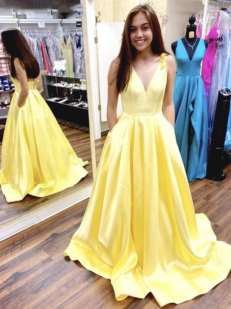 V Neck Yellow Satin Long Prom Dresses with Flower Straps, Yellow Formal Graduation Evening Dresses