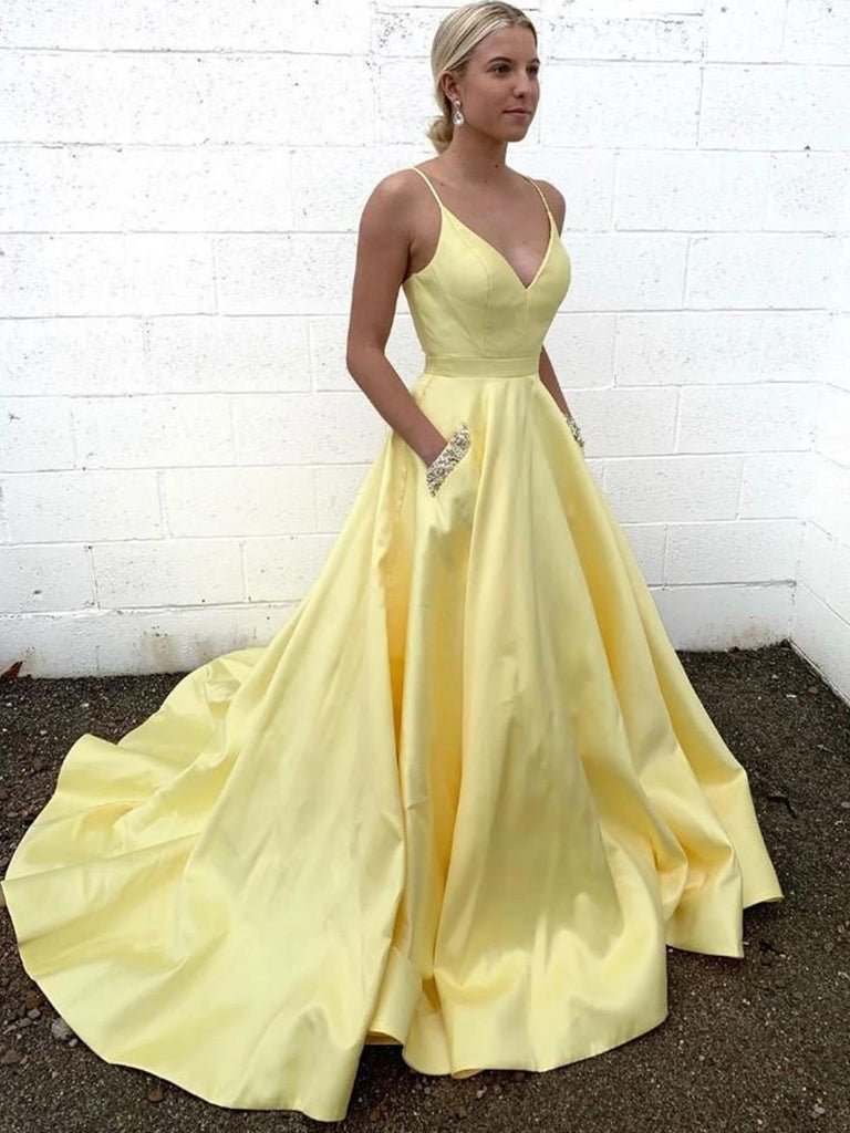 V Neck Yellow Satin Long Prom Dresses with Pockets, Thin Strap Yellow Formal Dresses, Yellow Evening Dresses