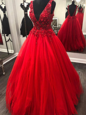 V Neck and V Back Beading Red Lace Floral Long Prom Dresses, Open Back Red Formal Dresses, Gorgeous Red Evening Dresses