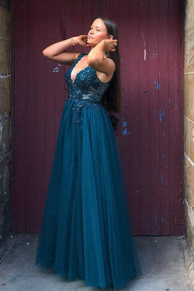 V Neck and V Back Blue Lace Beaded Long Prom Dresses, Long Blue Lace Formal Evening Dresses
