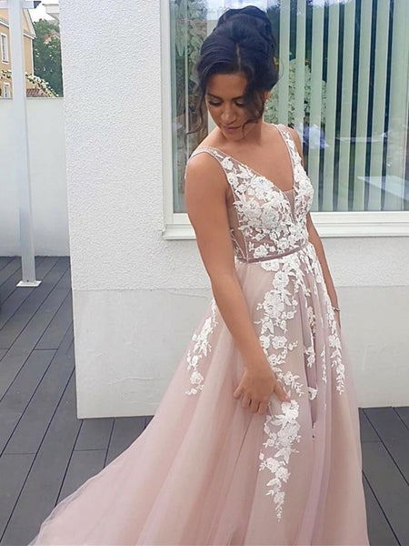 V Neck and V Back Champagne Tulle Lace Long Prom Dresses, Champagne Lace Formal Graduation Evening Dresses