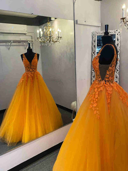 V Neck and V Back Orange Lace Long Prom Dresses, Orange Lace Formal Evening Dresses