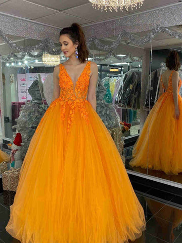 V Neck and V Back Orange Lace Long Prom Dresses, Orange Lace Formal Evening Dresses