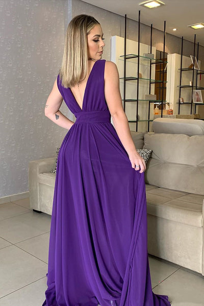 V Neck and V Back Purple Chiffon Long Prom Dresses, V Neck Purple Bridesmaid Dresses, Purple Formal Evening Dresses SP2256