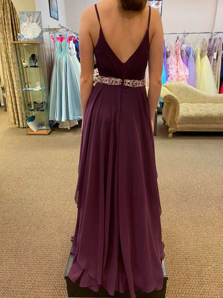 V Neck and V Back Purple Chiffon Long Prom Dresses with Belt, V Neck Purple Formal Graduation Evening Dresses SP2376