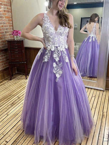 V Neck and V Back Purple Lace Floral Prom Dresses, 3D Flower Purple Long Formal Evening Dresses