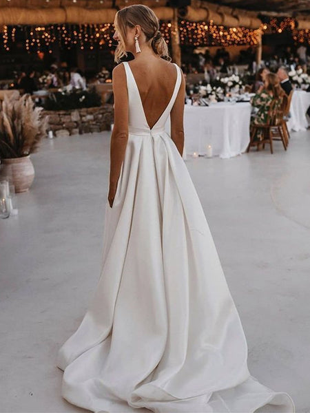 V Neck and V Back White Satin Long Prom Dresses with High Slit, Open Back White Wedding Dresses, White Formal Evening Dresses