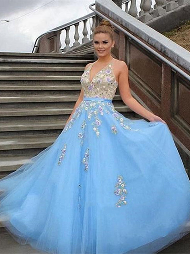 V Neckline Applique Lace Light Blue Prom Dress, Light Blue Formal Dress, Evening Dress