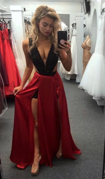 V Neck 2 Pieces Black Lace and Red Satin Long Prom Dresses with Detachable Train High Slit, Graduation Dresses, Formal Dresses