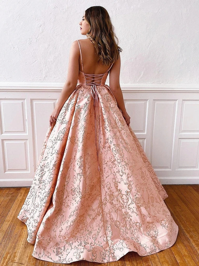 V Neck Backless Pink Lace Prom Dresses with Corset Back, Pink Lace For Shiny Party V Neck Backless Pink Lace Prom Dresses with Corset Back, Pink Lace For Shiny Party