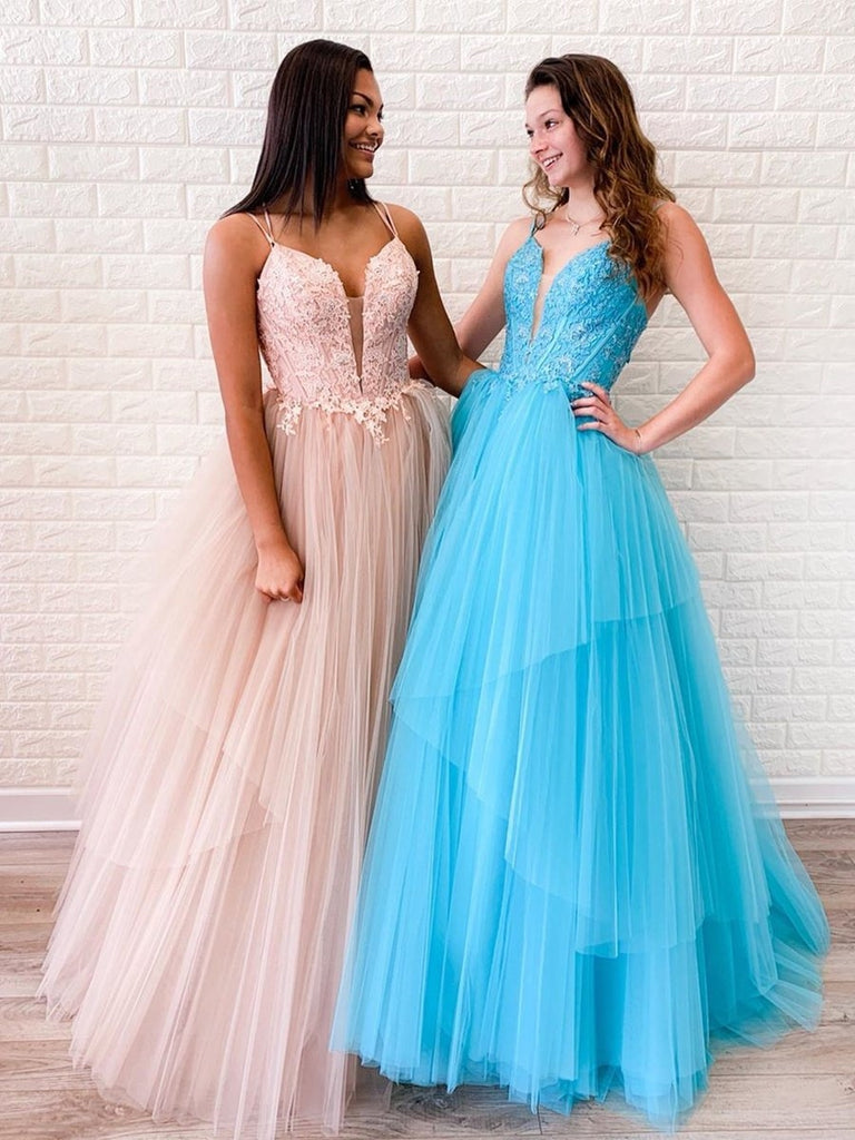 V Neck Backless Pink/Light Blue Lace Long Prom Dresses, Open Back Pink/Light Blue Lace Formal Dresses, Pink/Light Blue Lace Evening Dresses V Neck Backless Pink/Light Blue Lace Long Prom Dresses, Open Back Pink/Light Blue Lace Formal Dresses, Pink/Light Blue Lace Evening Dresses