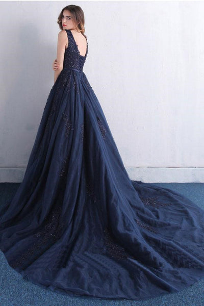 V Neck Dark Blue Lace Prom Dress, Blue Prom Dress, Blue Evening Dress