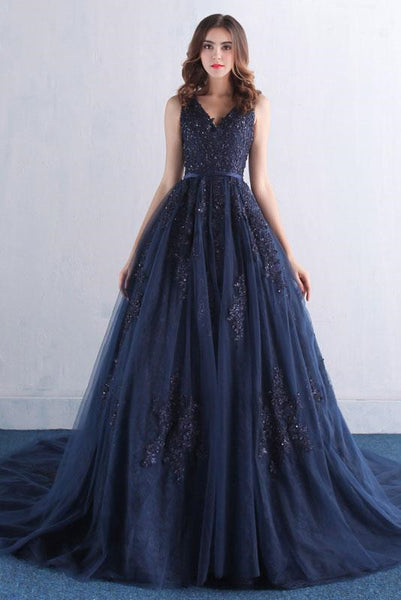 V Neck Dark Blue Lace Prom Dress, Blue Prom Dress, Blue Evening Dress
