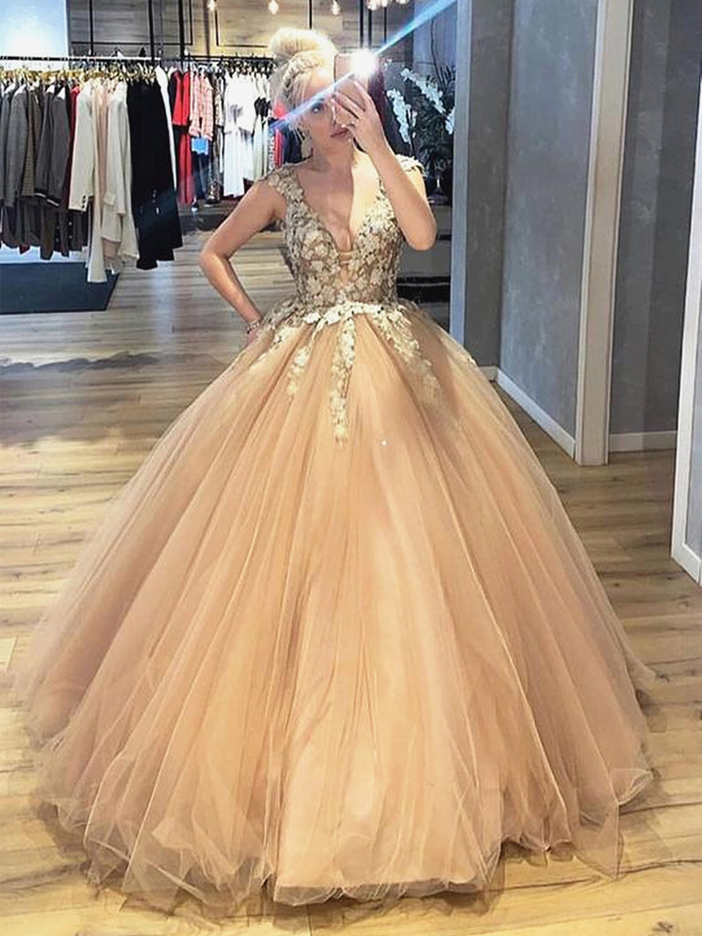V Neck Lace Champagne Prom Dresses, Lace Champagne Formal Dresses, Champagne Evening Dresses, Ball Gown