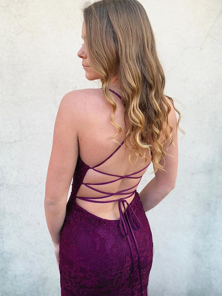 V Neck Long Backless Mermaid Lace Purple Prom Dresses, Backless Mermaid Purple Lace Formal Dresses, Mermaid Lace Purple Evening Dresses