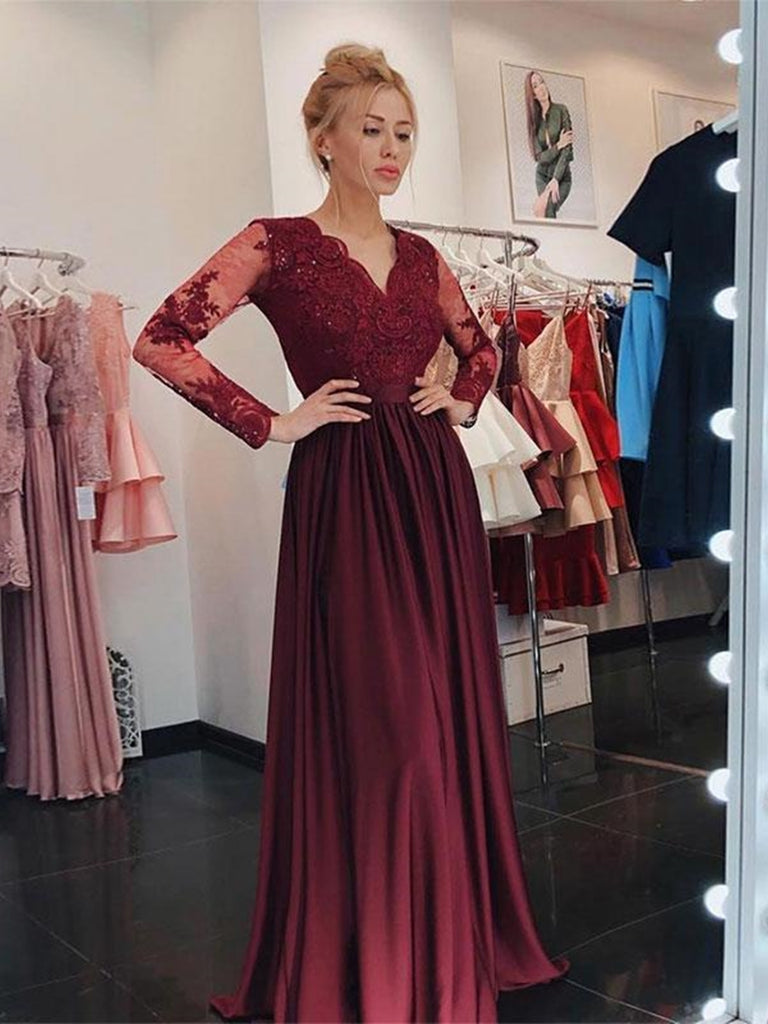 V Neck Long Sleeves Burgundy Lace Prom Dresses 2020, Long Sleeves Burgundy Formal Dresses, Burgundy Lace Bridesmaid Dresses