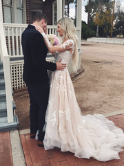 V Neck Long Sleeves High Low Lace Champagne Wedding Dresses With Train Shiny Party V Neck Long Sleeves High Low Lace Champagne Wedding Dresses With Train Shiny Party