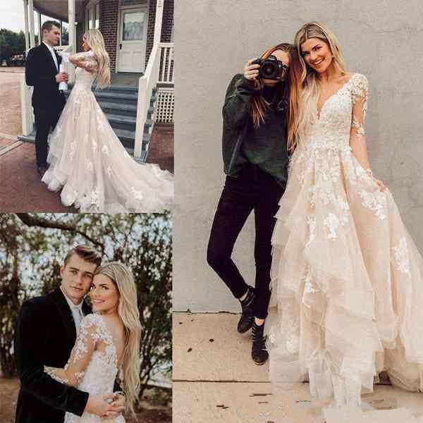 V Neck Long Sleeves High Low Lace Champagne Wedding Dresses With Train, Champagne Lace Prom Dresses