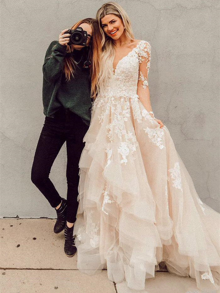 V Neck Long Sleeves High Low Lace Champagne Wedding Dresses With Train Shiny Party V Neck Long Sleeves High Low Lace Champagne Wedding Dresses With Train Shiny Party