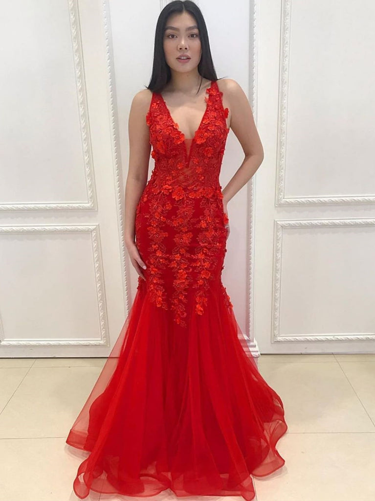 V Neck Mermaid Appliques Red Lace Long Prom Dresses, Mermaid Red Lace Formal Dresses, Red Lace Evening Dresses