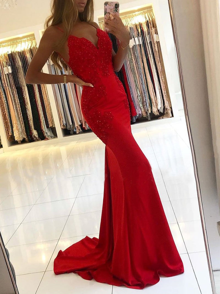 V Neck Mermaid Backless Lace Beaded Red Long Prom Dresses, Mermaid Red Lace Formal Dresses, Mermaid Red Evening Dresses