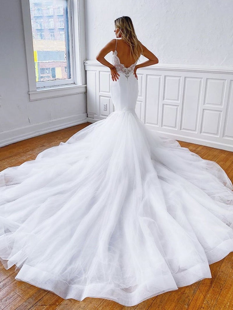 V Neck Mermaid Backless Lace White Long Prom Wedding Dresses, Backless Shiny Party V Neck Mermaid Backless Lace White Long Prom Wedding Dresses, Backless Shiny Party