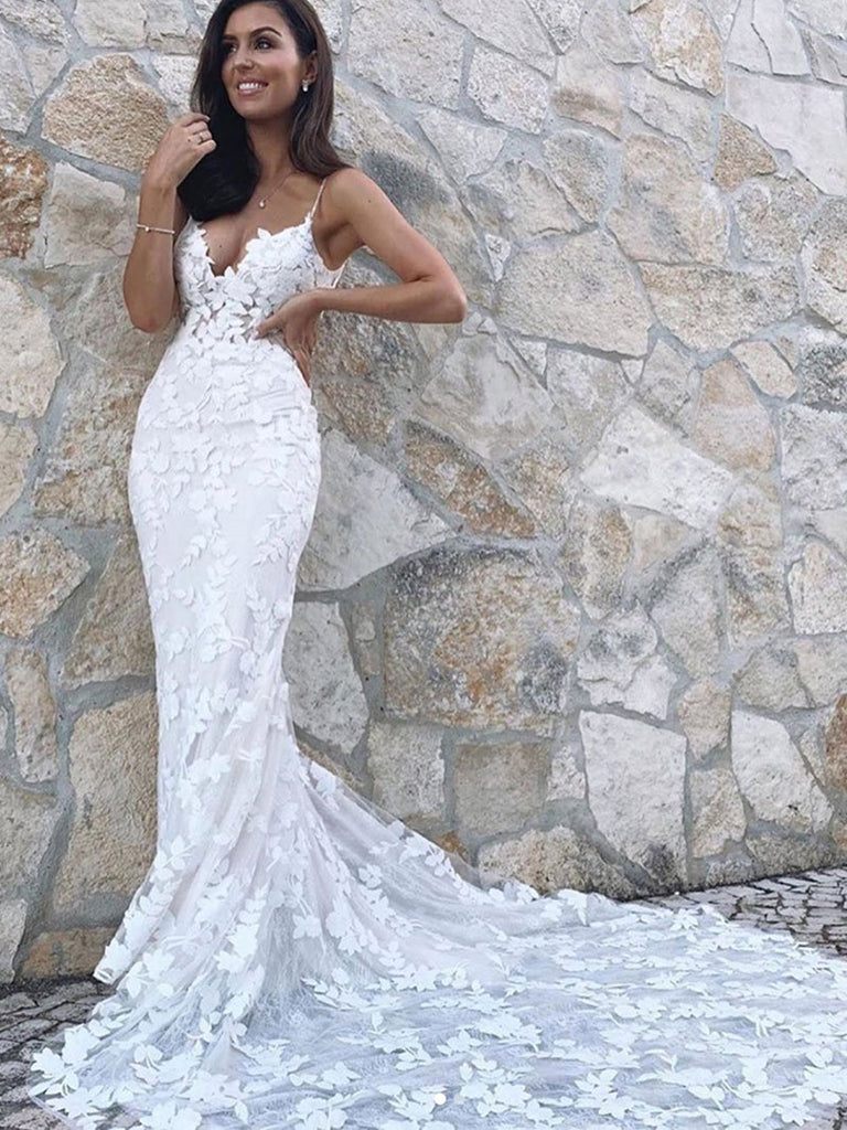 train mermaid wedding dress V Neck Mermaid White Appliques Long Wedding Prom Dresses with Train, M train mermaid wedding dress V Neck Mermaid White Appliques Long Wedding Prom Dresses with Train, M