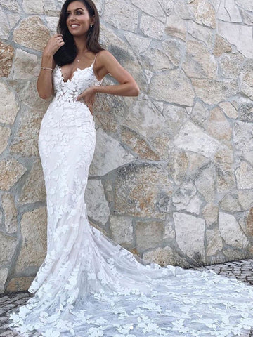 V Neck Mermaid White Appliques Long Wedding Prom Dresses with Train, Mermaid White Lace Appliques Formal Evening Dresses