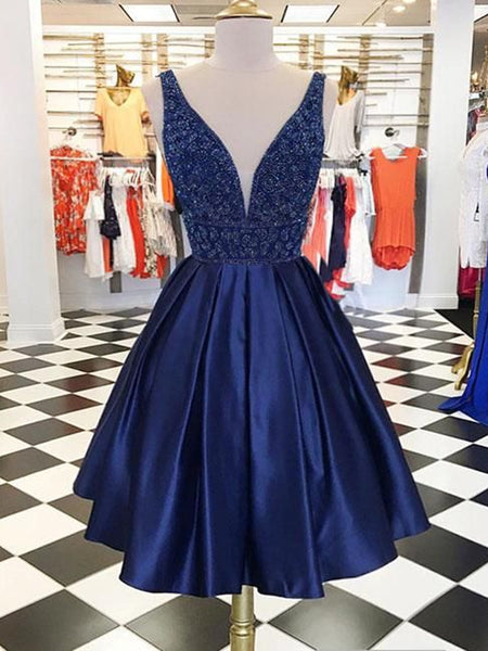 V Neck Navy Blue Prom Dresses, Navy Blue Homecoming Dresses Party Dres ...