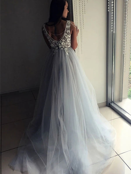 V Neck Open Back Lace Appliques Gray Long Prom Dresses, Open Back Lace Gray Formal Dresses, Gray Lace Evening Dresses