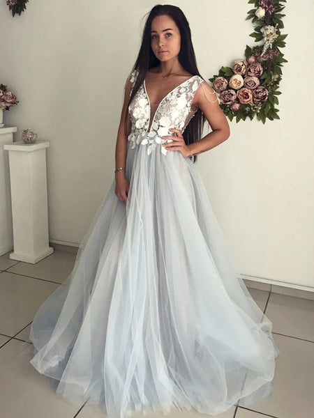 V Neck Open Back Lace Appliques Gray Long Prom Dresses, Open Back Lace Gray Formal Dresses, Gray Lace Evening Dresses