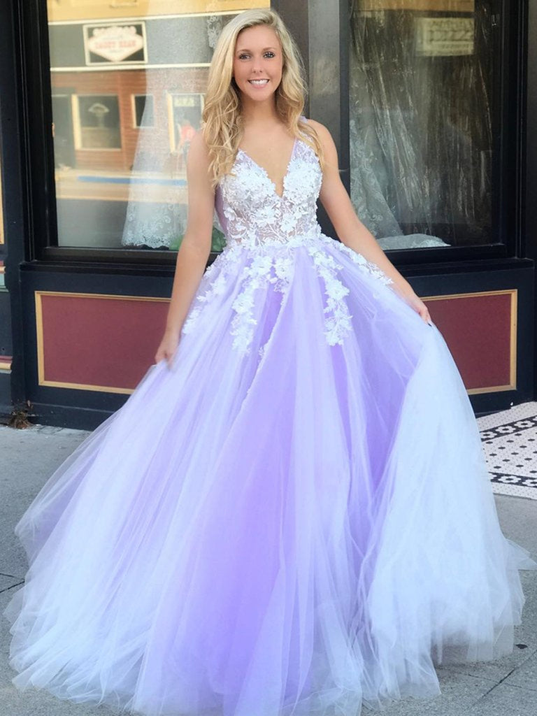 purple and white party dresses A Line V Neck Purple Long Prom Dresses with White Appliques, Purple La Eip Collection